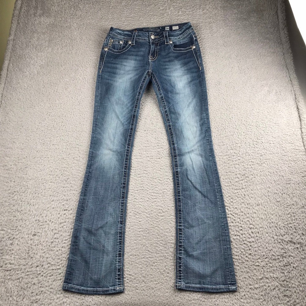 Miss Me Signature Slim Boot Jeans Women 26 (28x32) Blue Rhinestone Low Rise